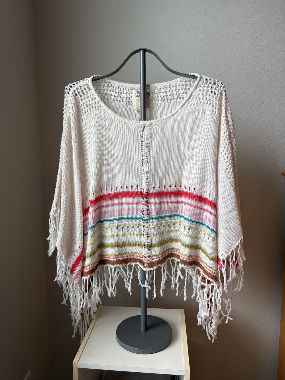 Billabong White Knit Fringe Poncho with Multicolor Stripes